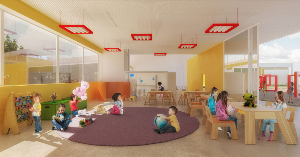 Imagem do interior da sala de aula do berçário e jardim de infância - projeto de arquitetura flat27