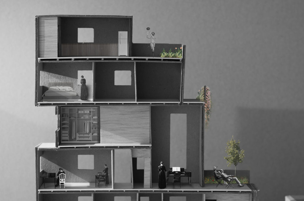 Foto da maquete mostrando Corte dos apartamentos - GreenHousing - Projeto Flat27